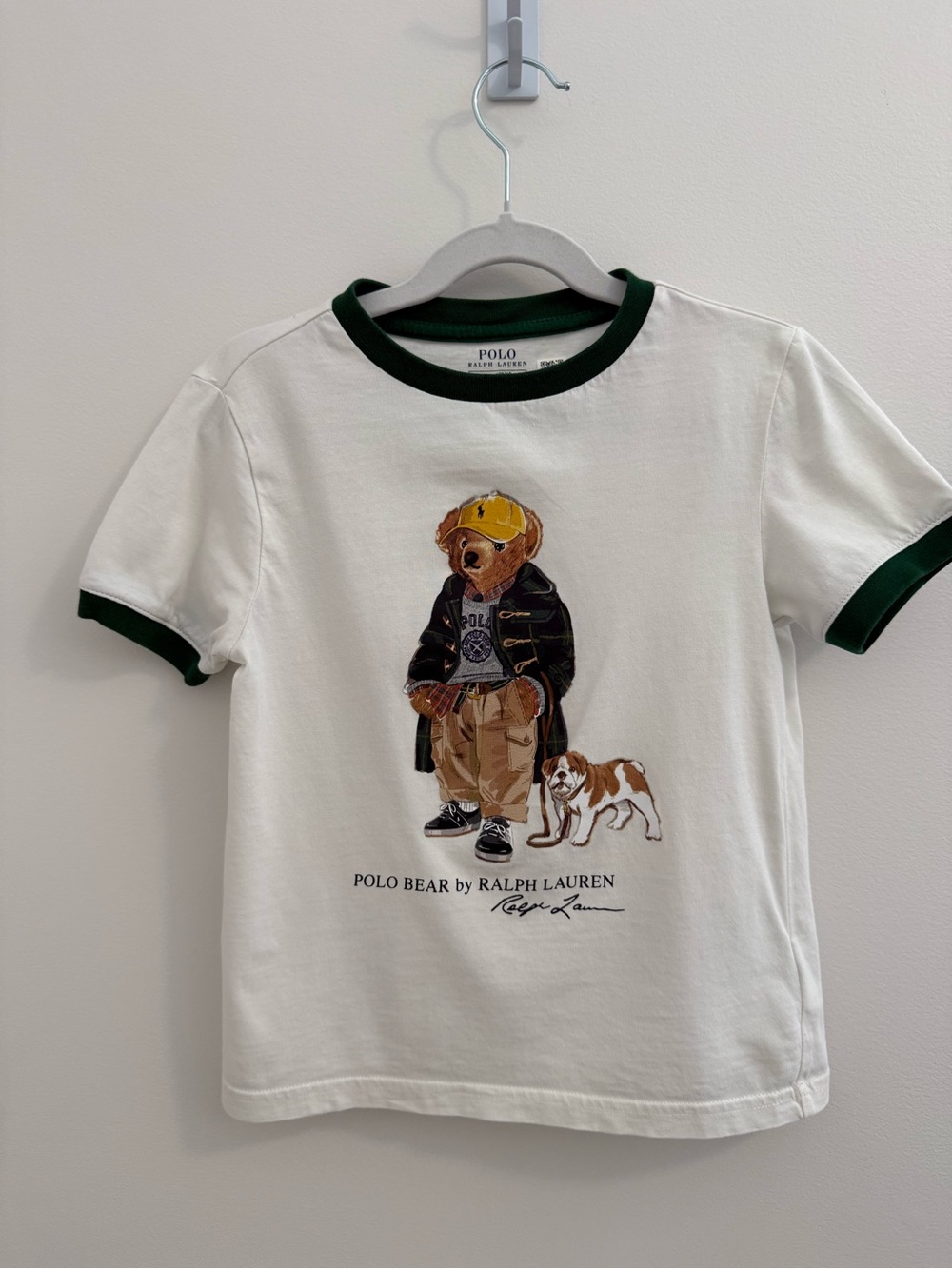 Polo by Ralph Lauren White Tee with Green Trim and Bear Graphic
